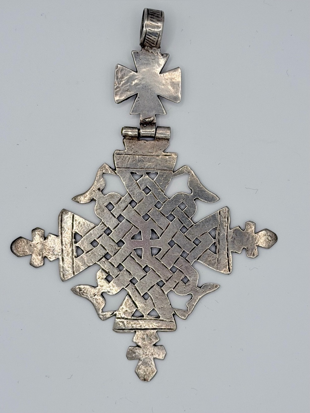 Vintage Ethiopian Cross Pendant Birds Large 5” Heavy 42g Silver Hinged Bale - Picture 2 of 6